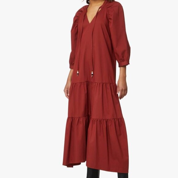 BOSS by Hugo Boss Depera Poplin Tiered Midi-Maxi Dress in Burnt Sienna - Fall! 4 - Picture 13 of 16
